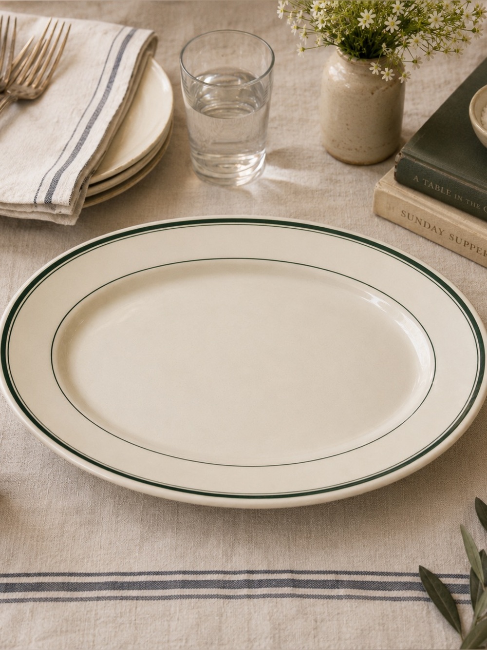 1948 Vintage Warwick China 12" Green Stripe Restaurant Stoneware Serving Platter